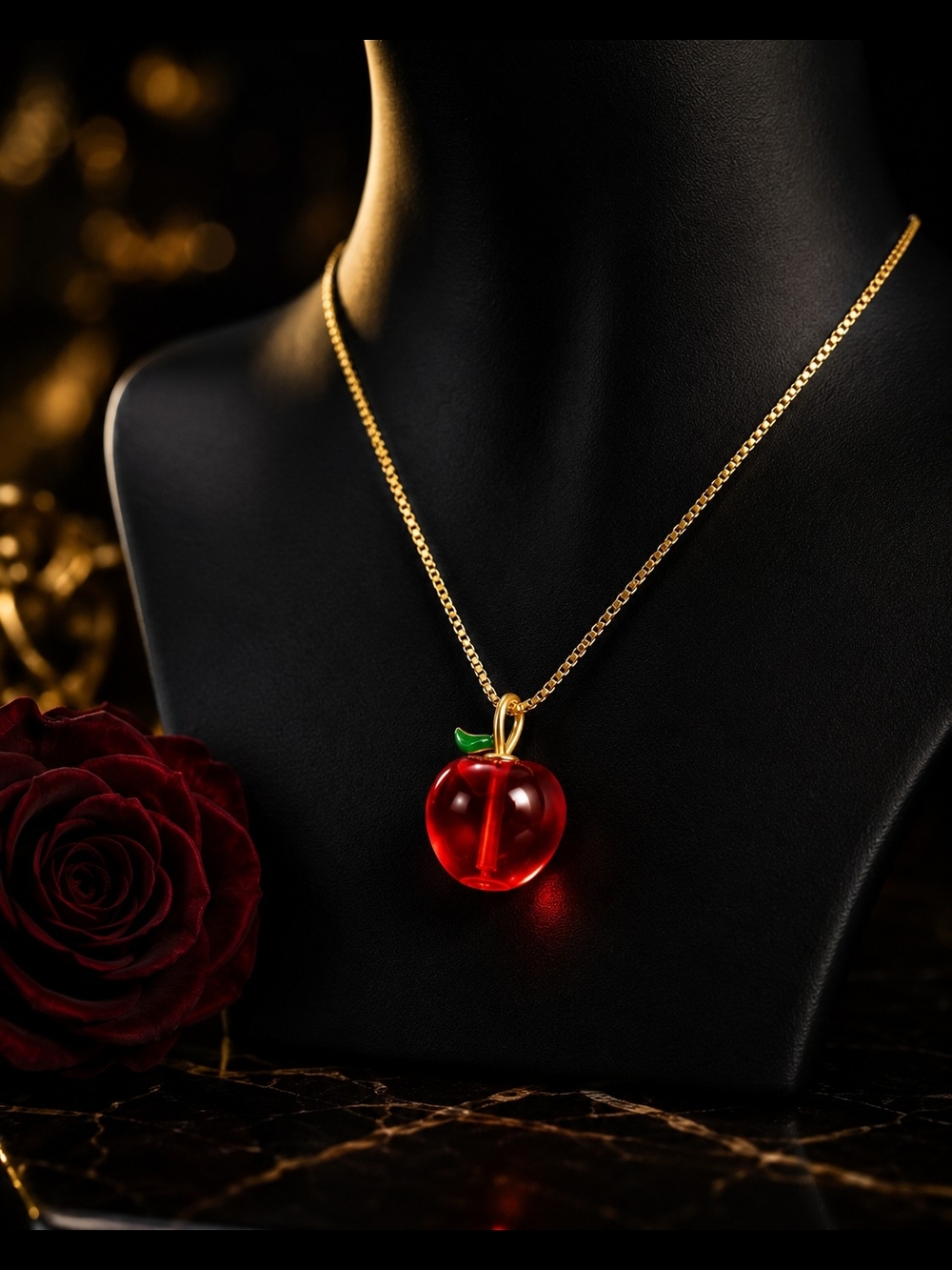 Gold  Tone Chain Necklace with Red Apple Pendant